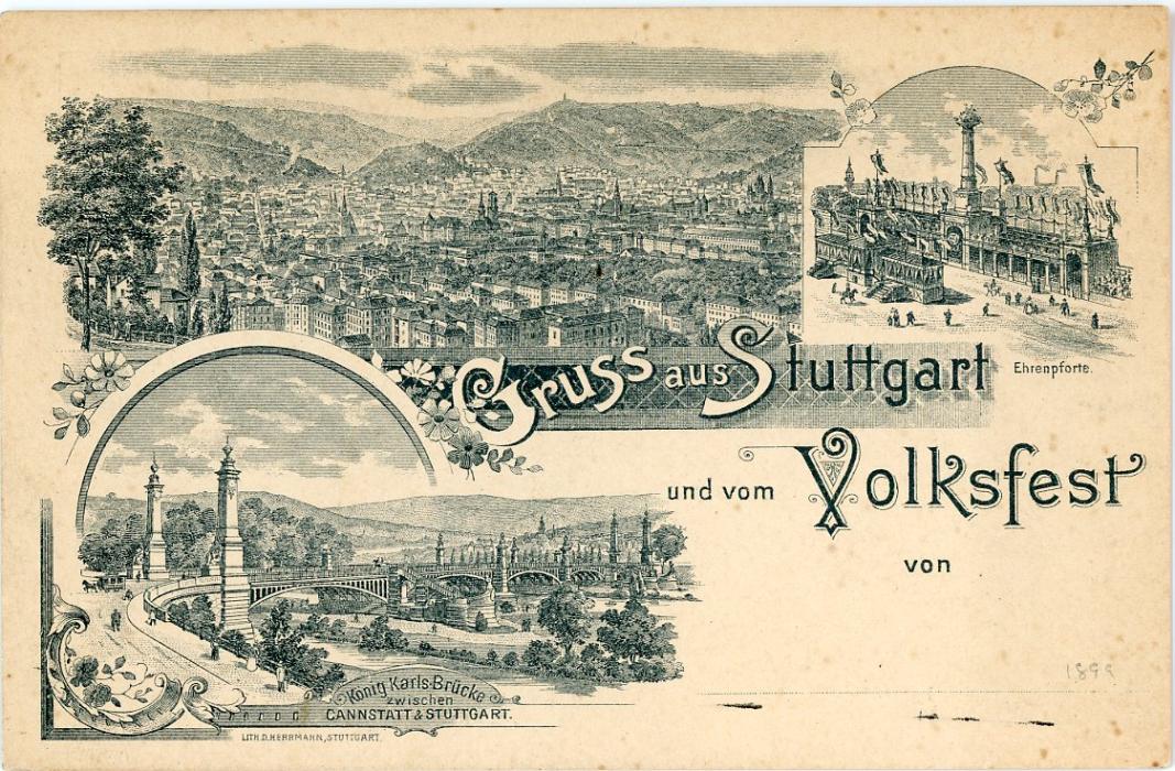GERMANY / WURTTEMBERG GERMANY / WURTTEMBERG: Postal Stationery. 1900s 3pf card entitled Gruss aus Stutgard und vom Volkfest with three images of King Carls Bridge, City View and Ehrenpforte (Triumhal Arch), fine unused. PP10 D4