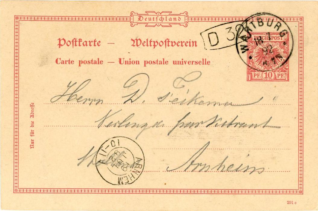 GERMANY GERMANY: (Picture Stationery). 1892 10pf card of Wartburg Castle used with Wartburg cds to Arnheim, Holland with arrival cds; fine condition.