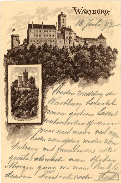 GERMANY GERMANY: (Picture Stationery). 1892 10pf card of Wartburg Castle used with Wartburg cds to Arnheim, Holland with arrival cds; fine condition.