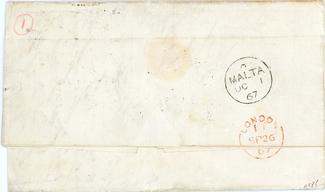 GREAT BRITAIN / MALTA GREAT BRITAIN / MALTA: 1867 (sp25) Entire to Malta franked GB 1867 10d red brown plate 1 tied by Glasgow duplex, alongside hs DEFICIENT POSTAGE 2/Fine....6, red London dispatch (sp 260, Malta arrival (Oc 1)
