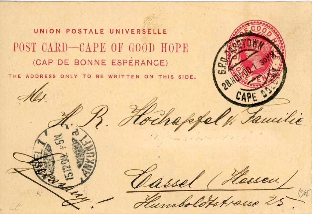 SOUTH AFRICA SOUTH AFRICA: Cape of Good Hope. 1900 (28 Nov) 1d red illustrated postal card used from Capetown to Germany with Cassel arrival (15 12) depicting Docks and Table Mountain, fine