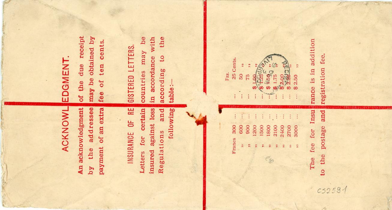 HONG KONG HONG KONG: BRITISH POST OFFICE in CHINA 1018 K size registered postal envelope uprated KGV 2c + 10c + 50c all ovpt. CHINA tied by oval Shanghai Registered dss to England with Reg. Liverpool 9 DE arrival bs, endorsed VIA CANADA Disabled Service 1914-15 vignette on front. Peripheral wear and some creasing, very scarce