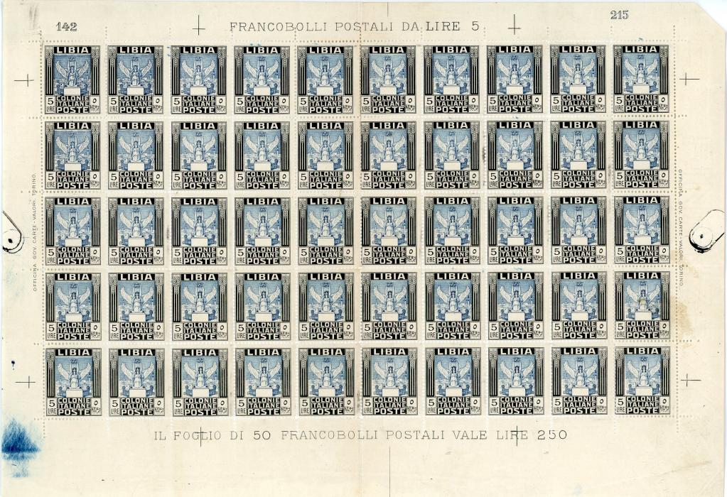 LIBYA LIBYA: 1940 5L complete sheet of 50 with full borders fine unmounted mint with central vertical crease between perfs only, few minor blemishes Sassone cat €40,000 $23750+ 