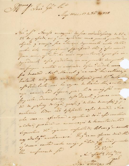 BRAZIL BRAZIL: 1838 Entire to Rio de Janeiro with dotted oval MOGI MIRIM  hs & SAO PAOLO double circle hs alongside, restored central vertical creasing and some tone spots, UNRECORDED type