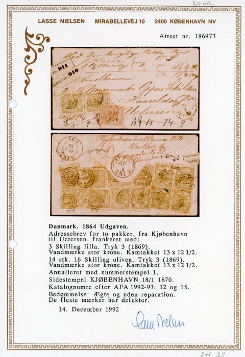 DENMARK DENMARK: 1870 (18 10 Registered internal packet letter from Copenhagen to Uetersen franked on front 16sk pair (defective) + 2sk on obverse, on reverse twelve 16sk incl. pairs), all tied by 1 in concentric circles, Kiel transit (19 10, spectacular high franking in mixed condition, cert. Lasse Nielsen