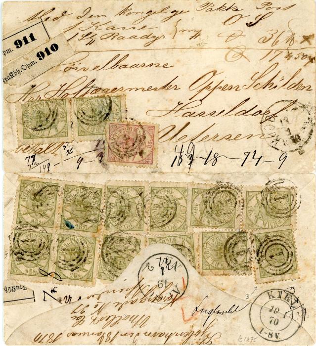 DENMARK DENMARK: 1870 (18 10 Registered internal packet letter from Copenhagen to Uetersen franked on front 16sk pair (defective) + 2sk on obverse, on reverse twelve 16sk incl. pairs), all tied by 1 in concentric circles, Kiel transit (19 10, spectacular high franking in mixed condition, cert. Lasse Nielsen