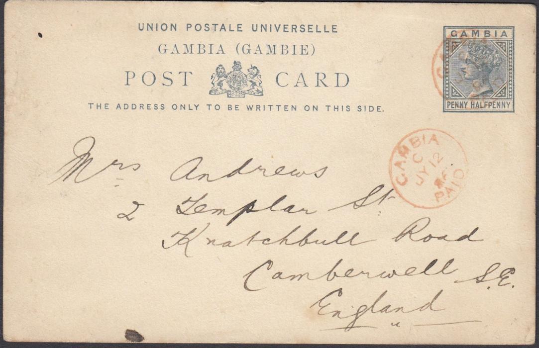 GAMBIA 1886 Penny Halfpenny grey postal stationery card to England cancelled 