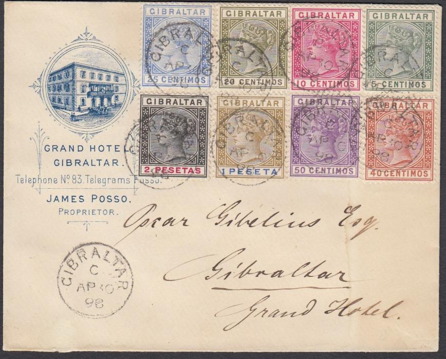 GIBRALTAR 1898 illustrated Grand Hotel envelope bearing eight colour franking tied code C cds; extremely fine and attractive.