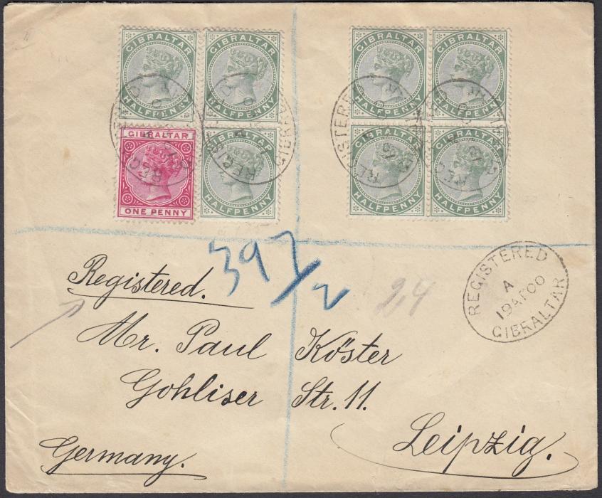 GIBRALTAR 1900 (19 AP) registered cover to Leipzig, Germany franked ½d (7) and 1d tied oval Registered date stamps, repeated on reverse together with arrival cds, manuscript registration; fine condition. 