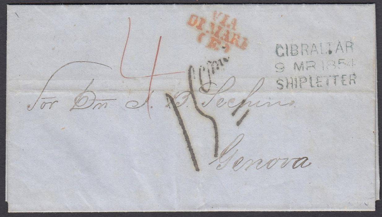 GIBRALTAR 1854 entire to Genova, Italy bearing three-line GIBRALTAR/9 MR 1854/SHIP LETTER handstamp and manuscript 