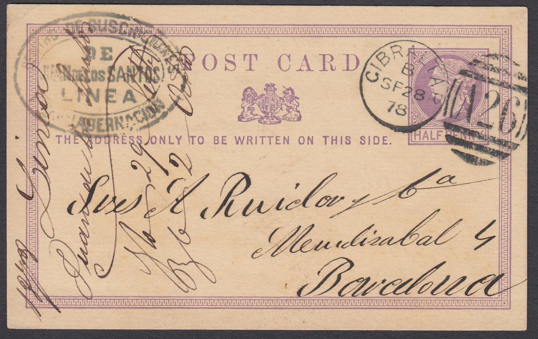 GIBRALTAR 1878 (SE28) Great Britain ½d violet postal stationery card to Barcelona cancelled fine A26 duplex, company handstamp top left and card annotated as from Linea, with message in Spanish; fine early card.