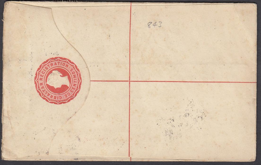 GIBRALTAR 1893 20c registration stationery envelope up-rated with two 25c to London, Registered date stamps and London cancels at base, from 