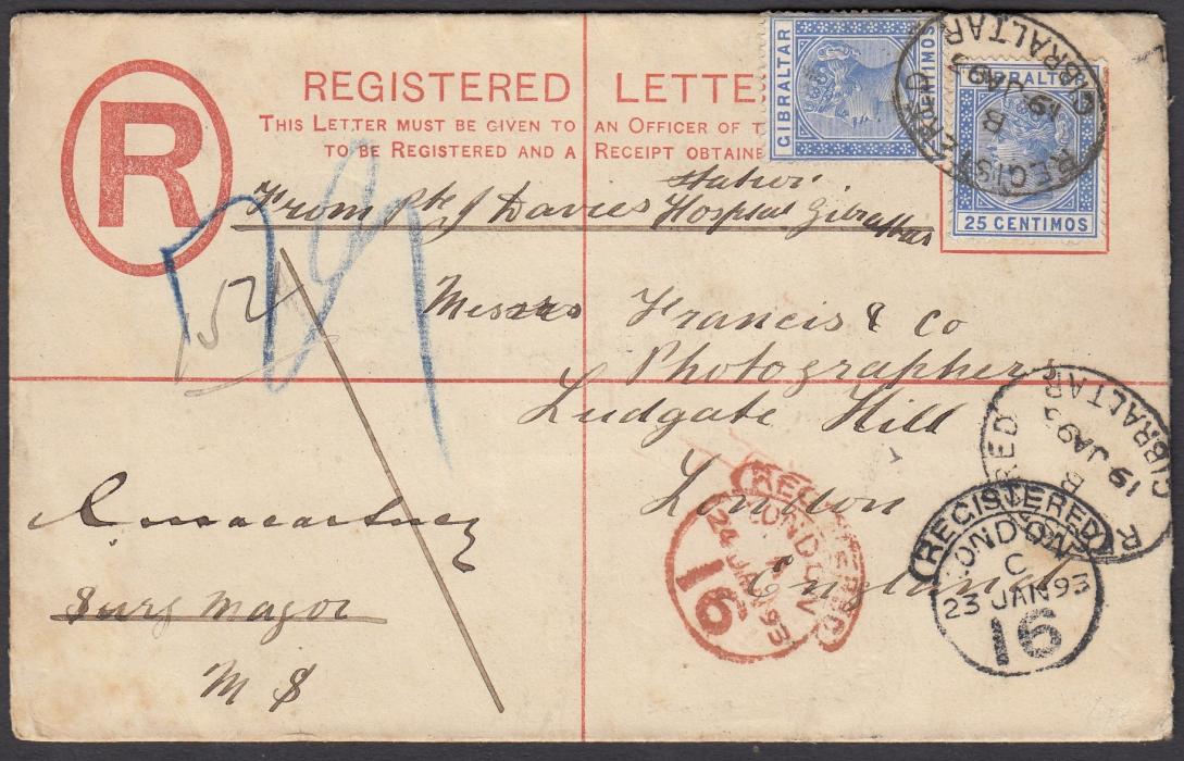 GIBRALTAR 1893 20c registration stationery envelope up-rated with two 25c to London, Registered date stamps and London cancels at base, from 