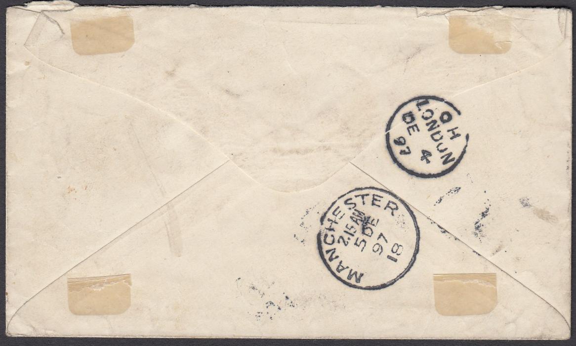 GIBRALTAR 1897 cover to Manchester franked 20c and bisected 10c, tied by A26 obliterator, the bisect being unauthorised a T handstamp was applied and upon arrival in England a 1d/F.B./C/ handstamp charge raised, reverse with London and Manchester cds.