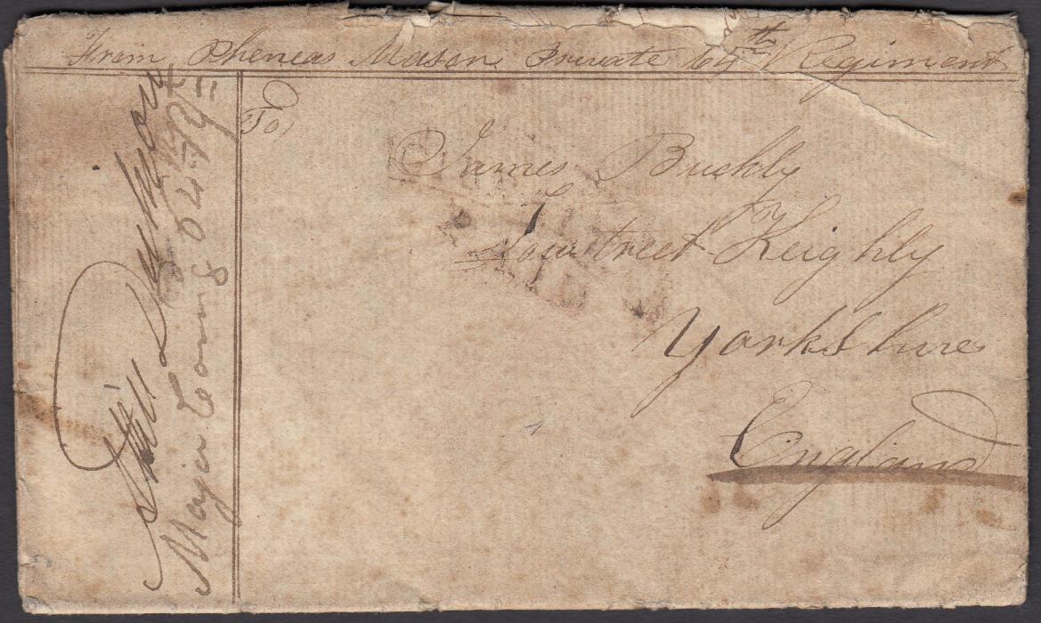 GIBRALTAR (Soldiers Letter) 1836 entire from Private of 64th Regt. showing fair but oxidised strike of cursive GIBRALTAR/PAID handstamp, endorsed by the Commanding Officer at left.
