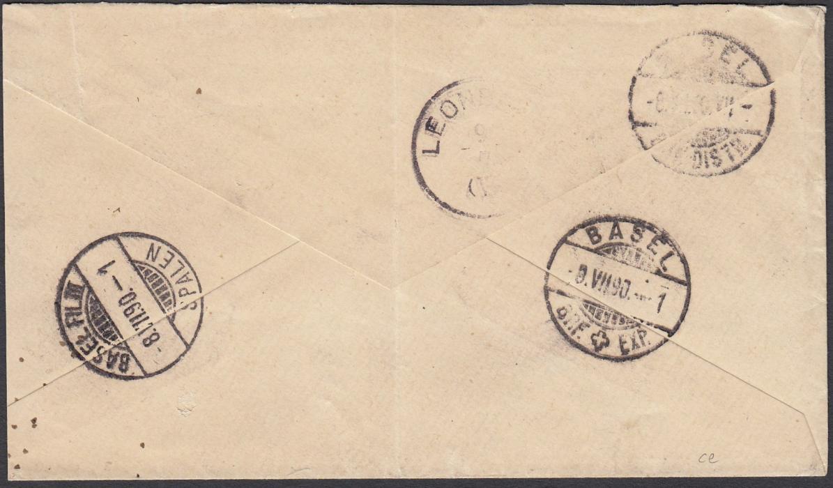 GOLD COAST 1890 cover to Switzerland, franked 4d tied unclear numeral handstamp, ACCRA date stamp in association, PAID/LIVERPOOL/BR PACKET transit, reverse with arrival cancels; small surface faults in Accra cancel otherwise good condition.