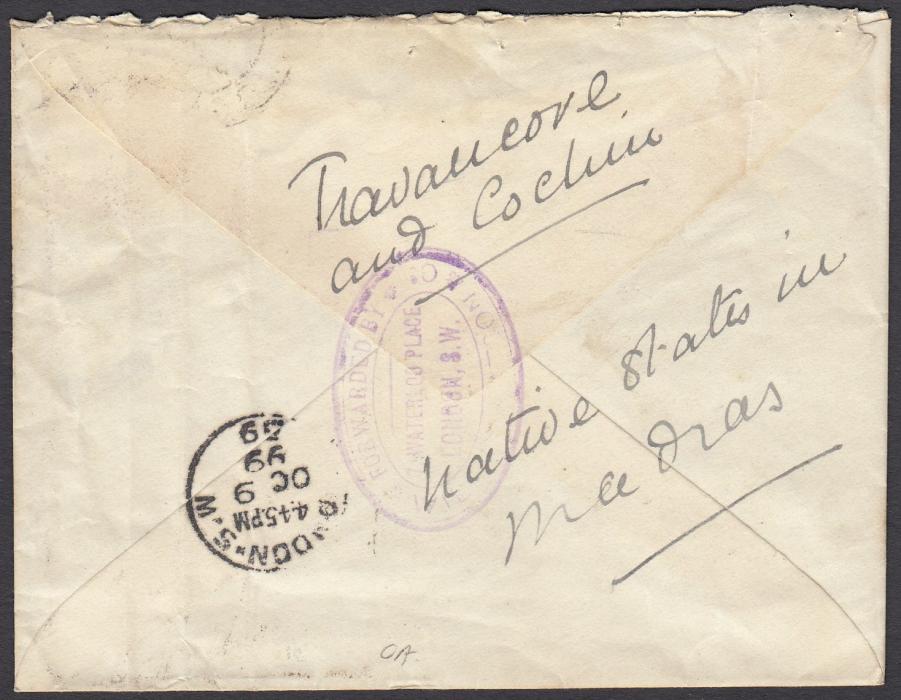 GOLD COAST (Forwarding Agents) 1899 (SP 18) cover to London bearing single franking 1d tied 556 CAPE COAST duplex, forwarded on arrival with forwarders handstamp on reverse.