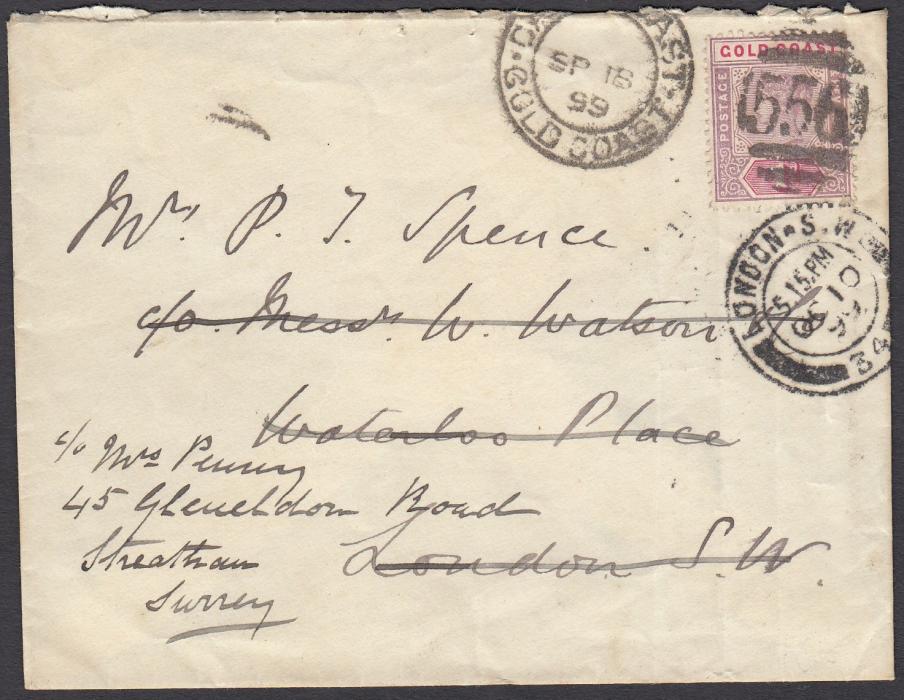 GOLD COAST (Forwarding Agents) 1899 (SP 18) cover to London bearing single franking 1d tied 556 CAPE COAST duplex, forwarded on arrival with forwarders handstamp on reverse.