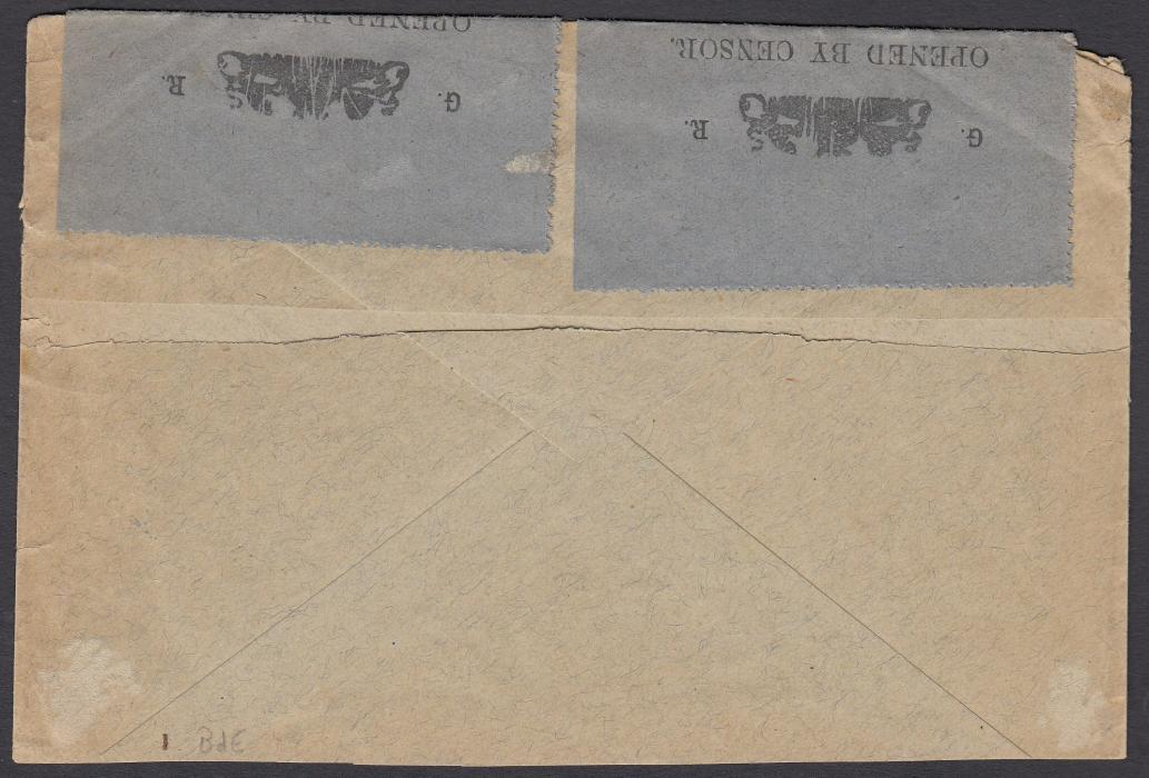 HONG KONG 1915 (5.XI) cover from Netherlands to Shanghai, China, routed via Hong Kong where two blue OPENED BY CENSOR/Hong Kong sealing labels at top and fine two-line RETURNED.NOT/TRANSMISSIBLE handstamp at base applied; the envelope cut open for display.