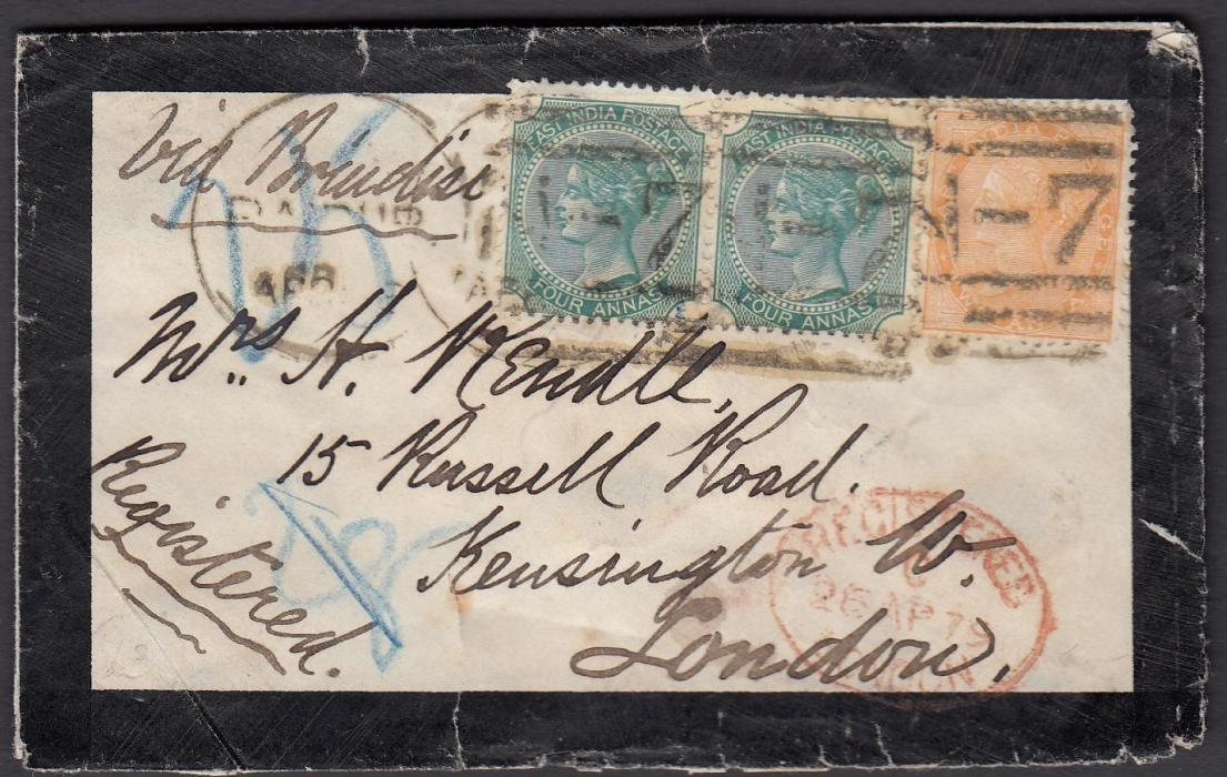 INDIA 1879 mourning envelope to London franked 2a and pair 4a tied N-7 numeral duplexes, registration handstamp on reverse with manuscript details, arrival on front; some slight faults to envelope otherwise an attractive item.