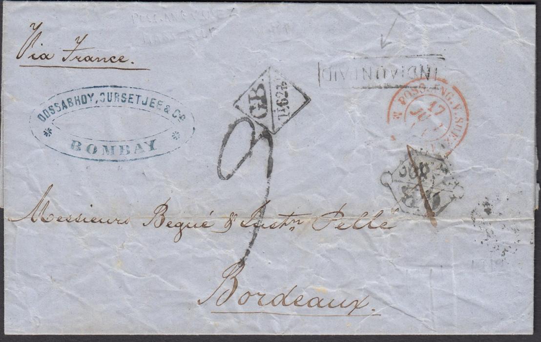 INDIA (Accountancy) 1863 entire from Bombay to Bordeaux bearing framed INDIA UNPAID handstamp, accountancy handstamp GB/1f80c, which has been erased and a new handstamp GB/1f62c applied, reverse with red despatch cds and arrival cancels.