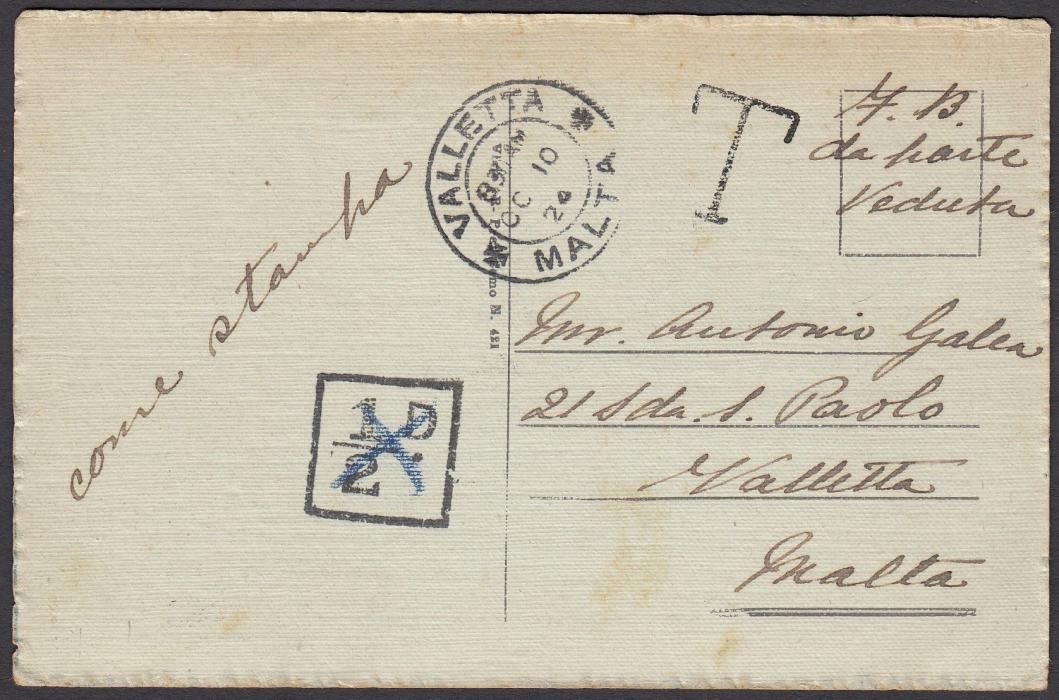 MALTA (Postage Due) 1924 picture postcard from Catania, Italy, franked correctly with 10c but on front and not noticed with resultant T handstamp applied and square-framed ½d charge raised but then erased in blue crayon, VALETTA arrival cds.