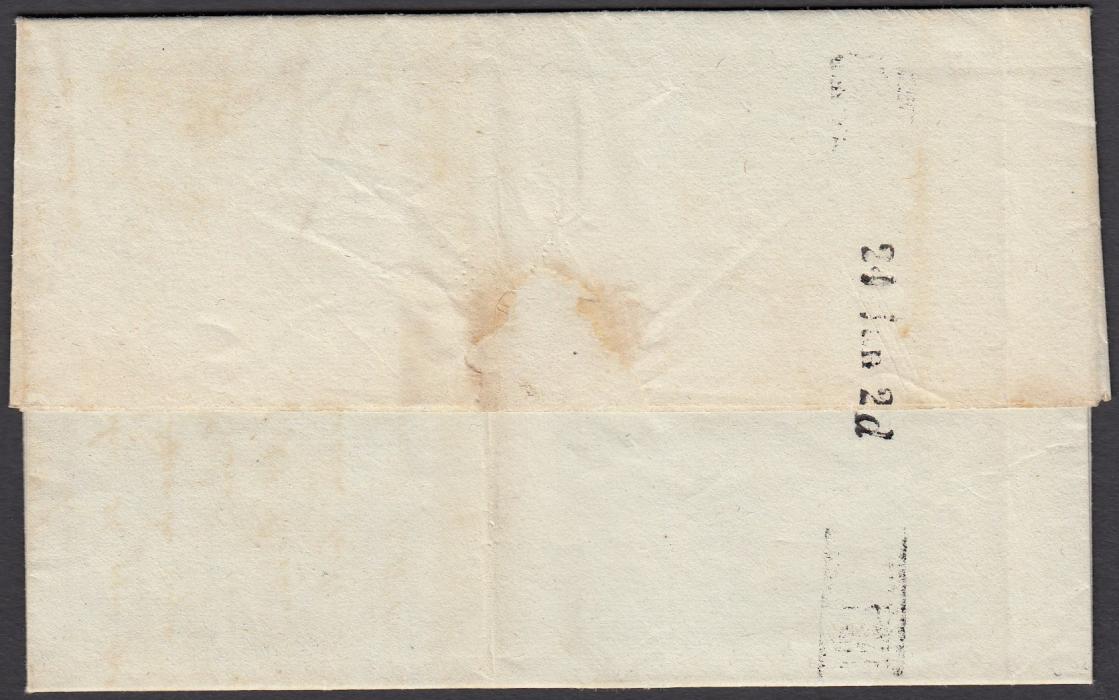 MALTA 1842 incoming entire from Livorno, Italy, bearing no despatch cancel, on reverse arrival charge handstamp 24 JAN 2d, which straddles the join of letter; a good strike that shows outline of the handstamp used.