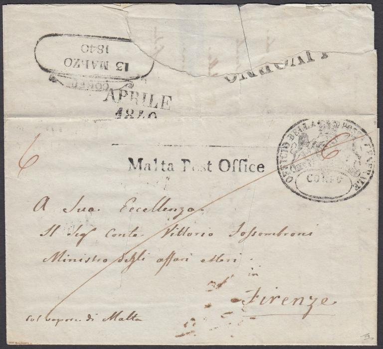 IONIAN ISLANDS (Disinfected Mail) 1840 (13 Marzo) entire to Firenze bearing fine Coat of Arms handstamp on front and ornate framed CORFU date stamp on reverse, disinfected in transit with two slits, straight-line Malta Post Office handstamp, reverse with straight-line LIVORNO and two-line APRILE/1840 handstamp. Small part of entire missing but generally fine appearance.