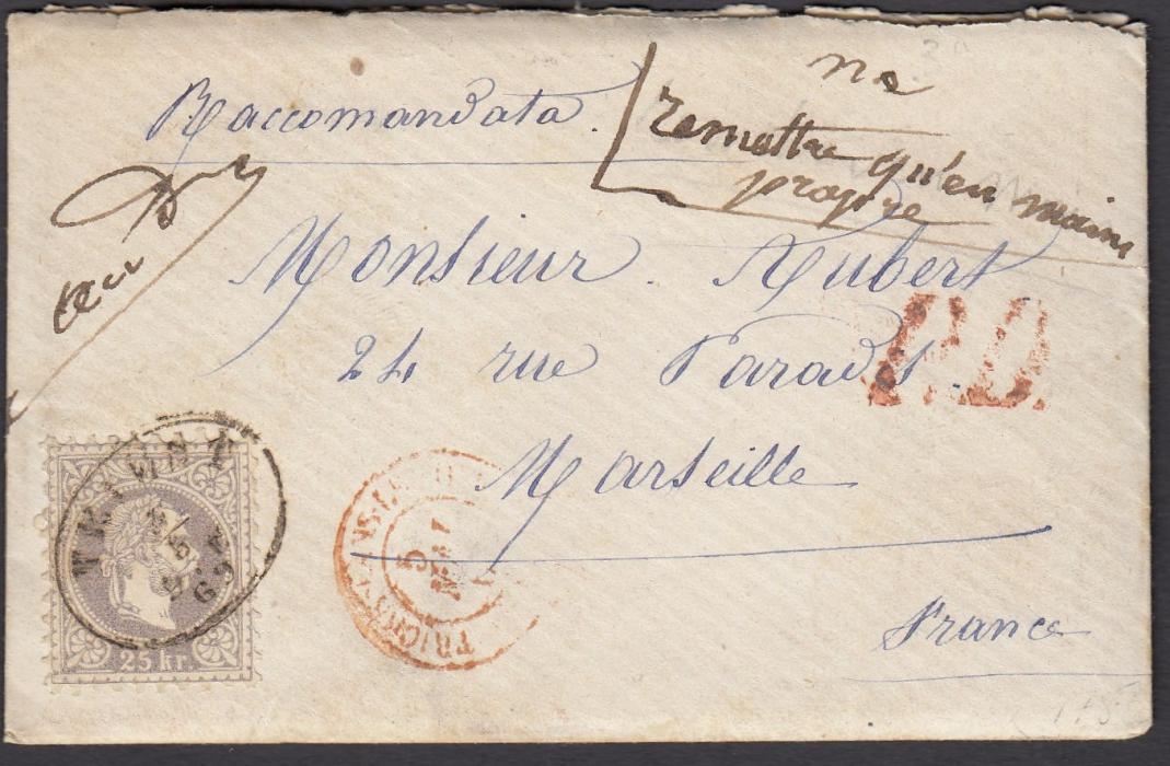 Austria 1869 envelope plus original letter to Marseille, France, franked 25kr tied by oval-framed TRIEST date stamp.