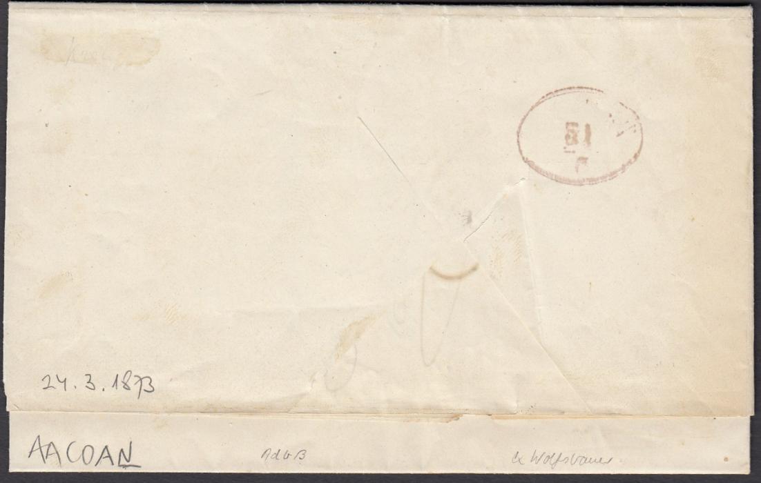 Austria (Post Offices in Egypt) 1873 entire to Trieste bearing single franking 15Kr tied ALEXANDRIEN cds, arrival backstamp, manuscript note alongside stamp 