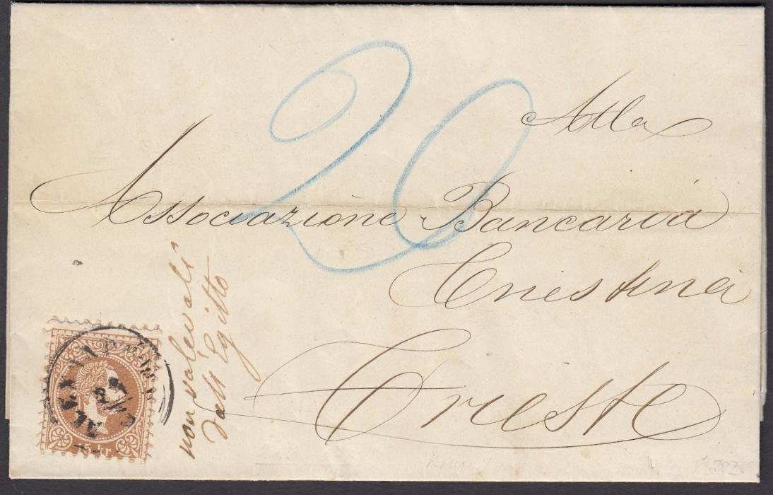 Austria (Post Offices in Egypt) 1873 entire to Trieste bearing single franking 15Kr tied ALEXANDRIEN cds, arrival backstamp, manuscript note alongside stamp 